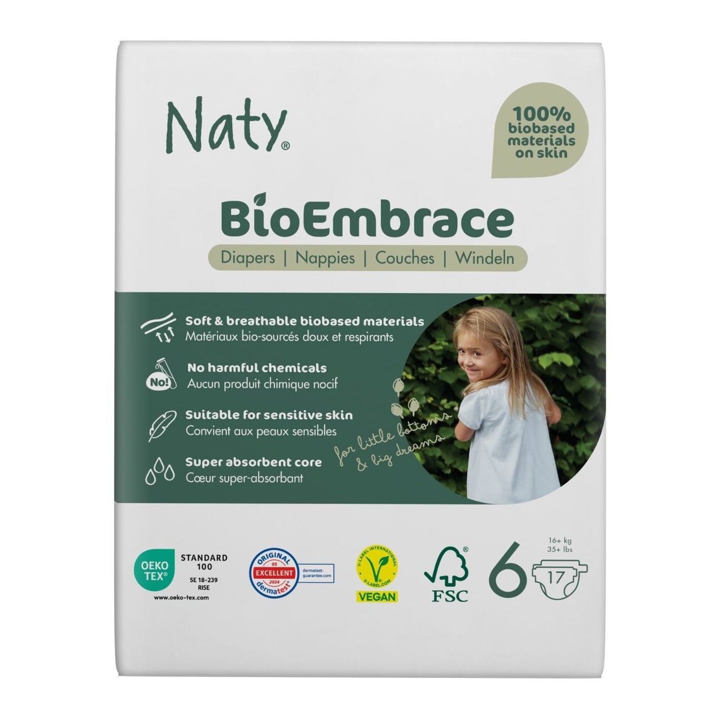 BioEmbrace Baby Diapers Size 6 (16+ kg),100% Biobased on Skin, Plant-Based Softness, Dermatologically Tested and Super Absorbent, Pack of 17
